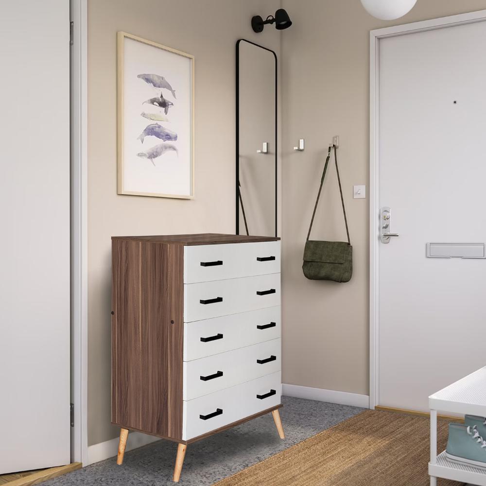 Better Home Products Eli Mid-Century Modern 5 Drawer Chest in Walnut & White. Picture 9