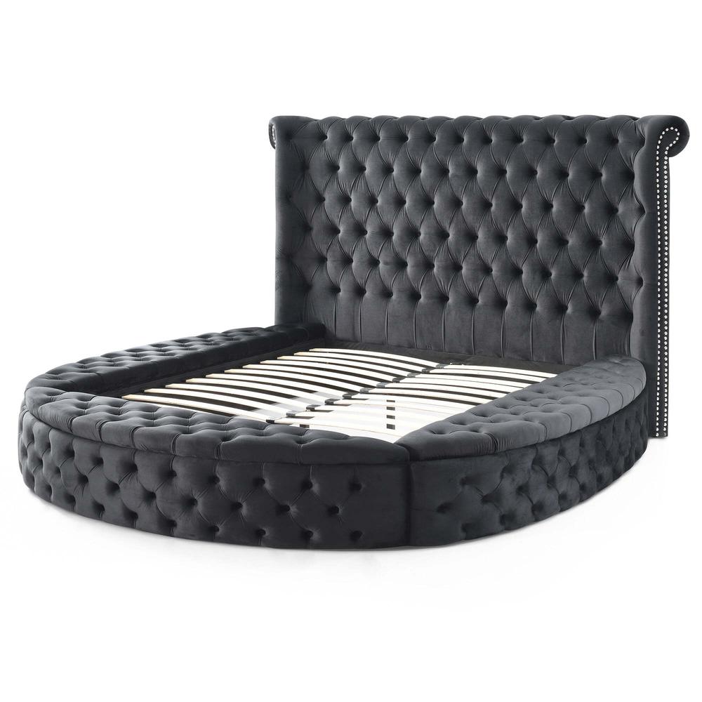 Better Home Products Elizabeth Upholstered Round Storage Queen Bed in Black. Picture 1