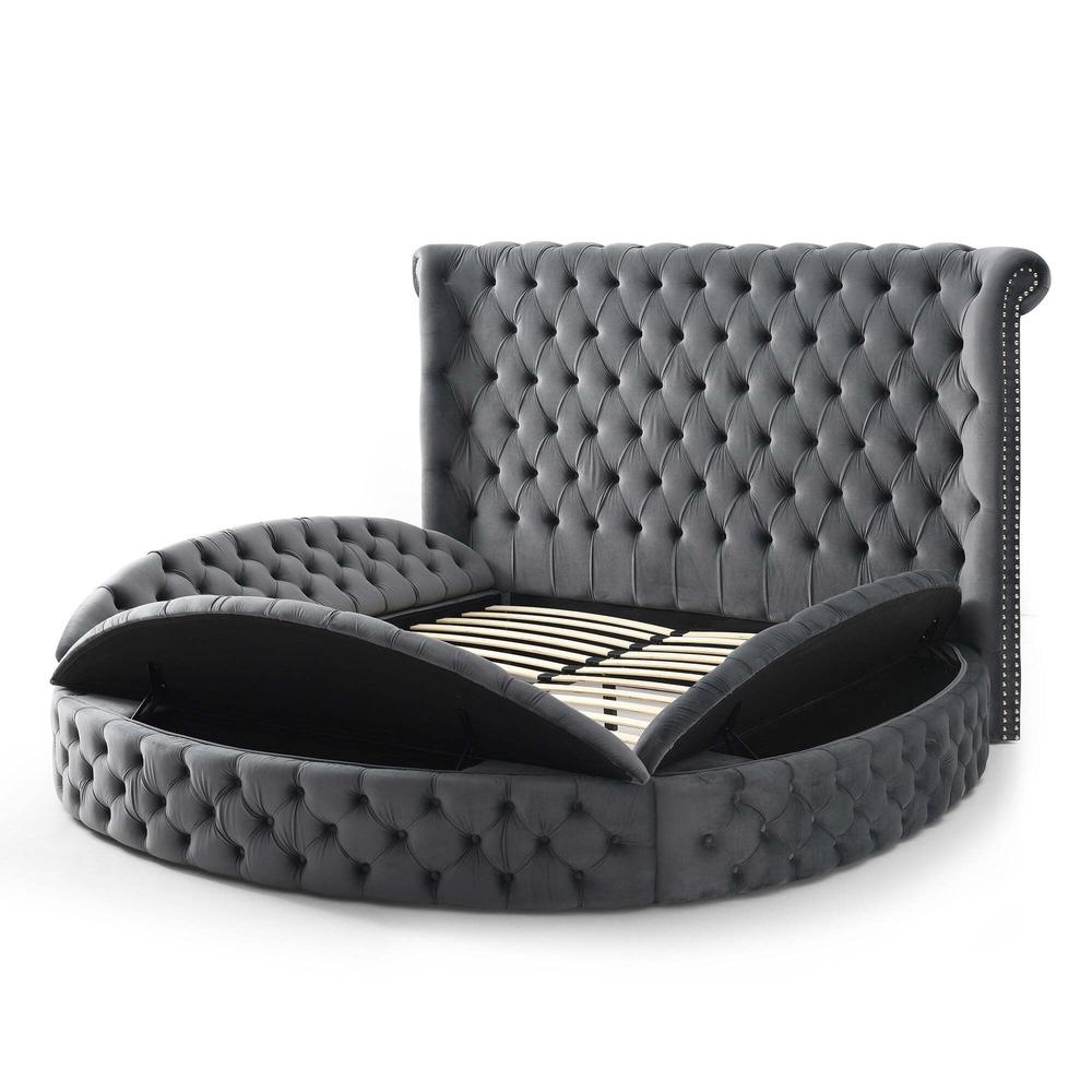 Better Home Products Elizabeth Upholstered Round Storage Queen Bed in Gray. Picture 3