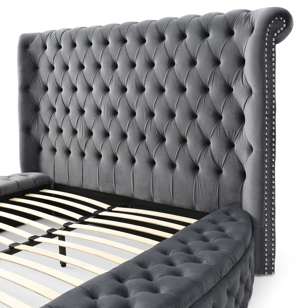 Better Home Products Elizabeth Upholstered Round Storage Queen Bed in Gray. Picture 4