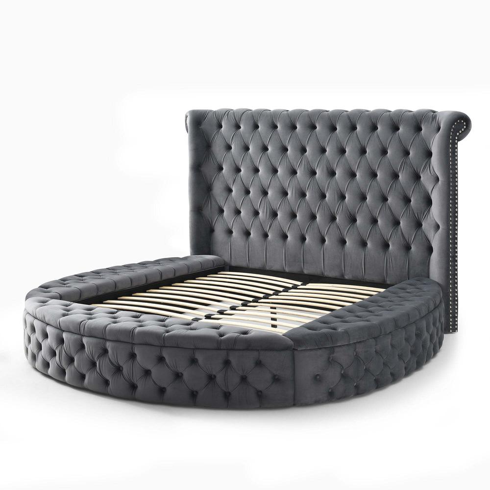 Better Home Products Elizabeth Upholstered Round Storage King Bed in Gray. Picture 1