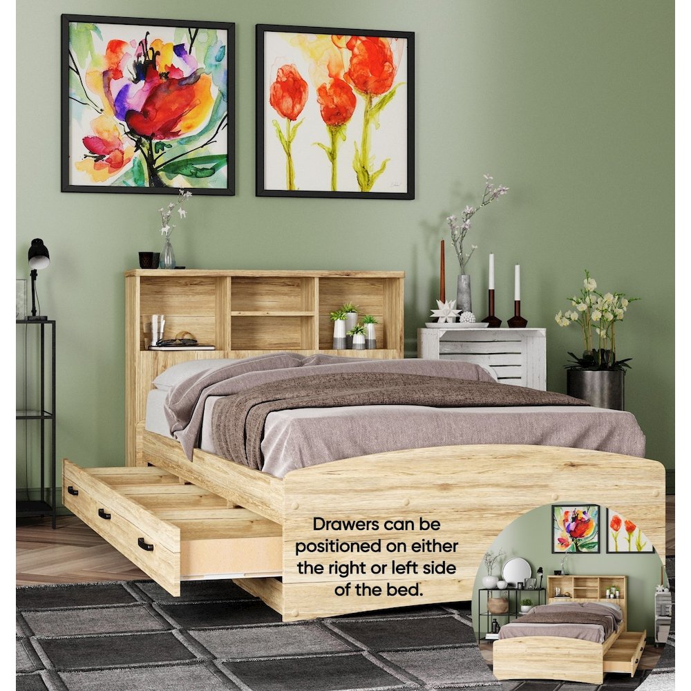 Captain Paltform Bed with 3 Drawers and Bookcase Headboard. Picture 1
