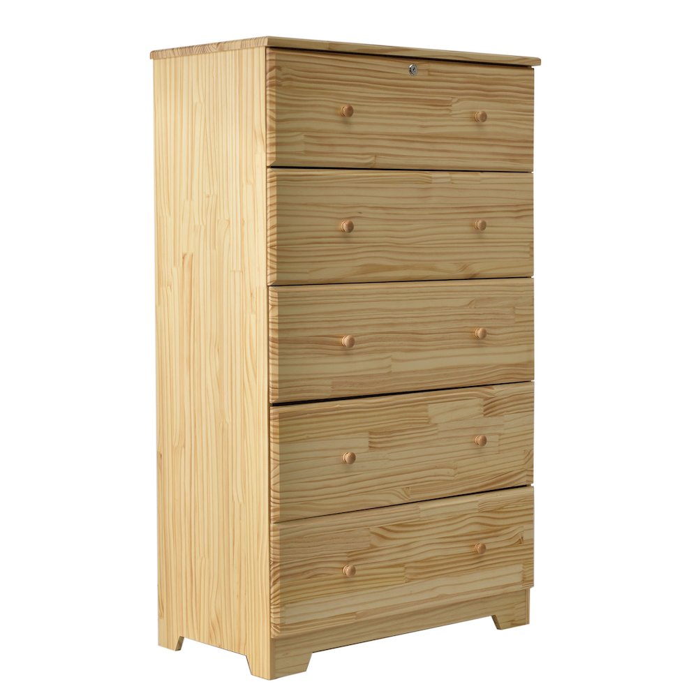 Solid Pine Wood 5 Drawer Chest Dresser (Natural). Picture 1
