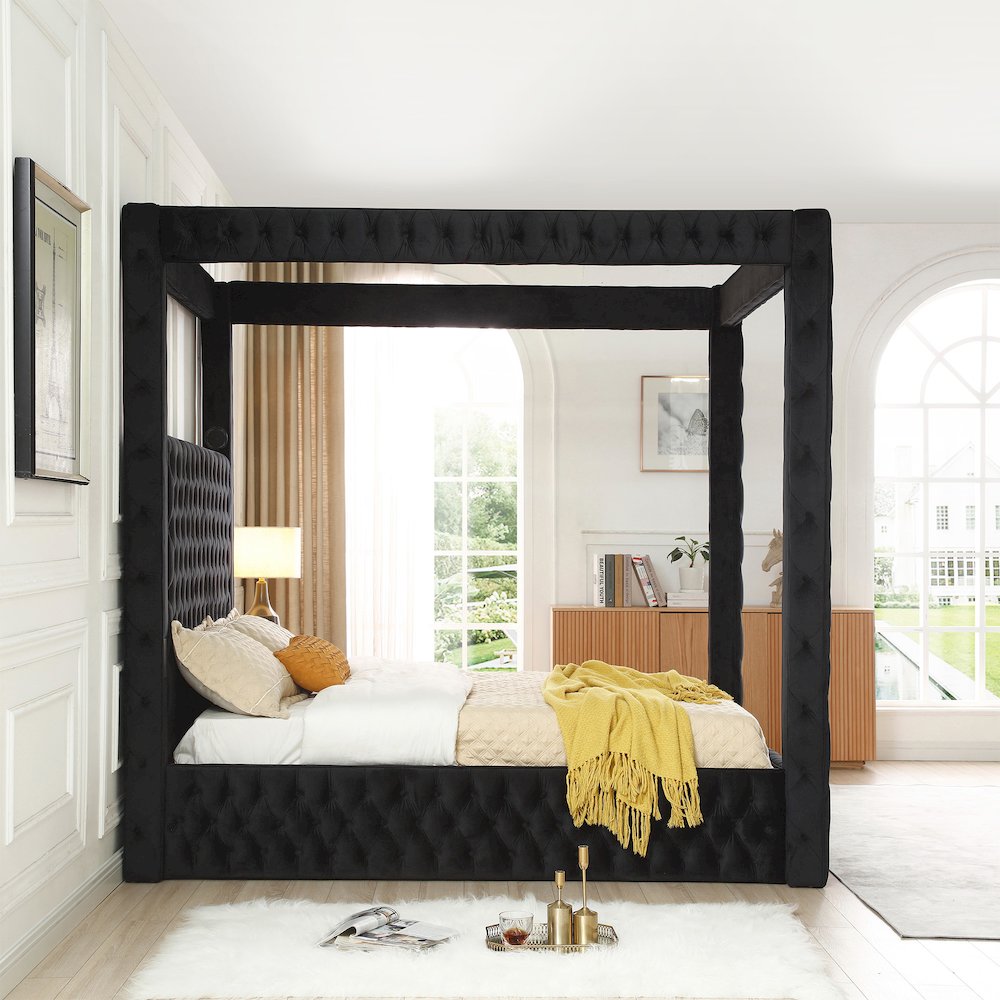 Luxurious Velvet Canopy Queen Bed with Speaker and USB Connection in Black. Picture 8