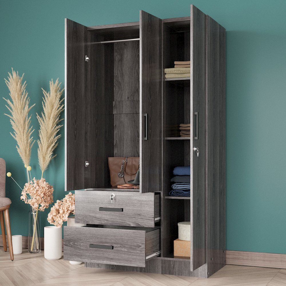 Better Home Products Symphony Wardrobe Armoire Closet with Two Drawers in Gray. Picture 5