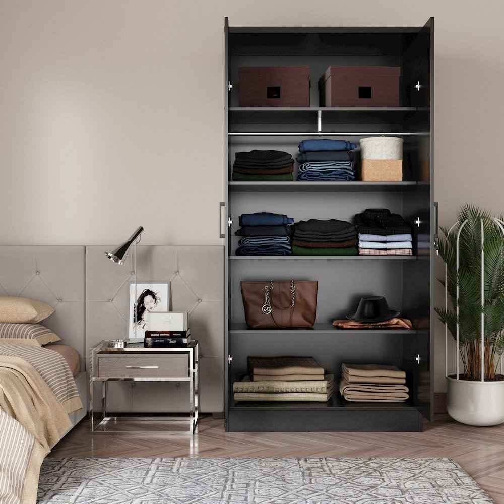 Better Home Products Harmony Wood Two Door Armoire Wardrobe Cabinet in Black. Picture 2