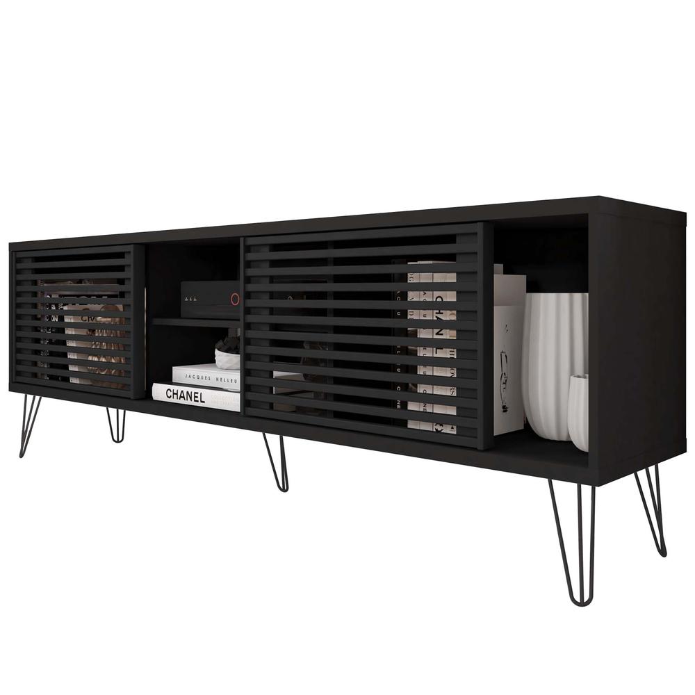 Better Home Products Frizz Mid-Century Modern TV Stand for up to 70 Inches TV in Black / Easy Assembly. Picture 4