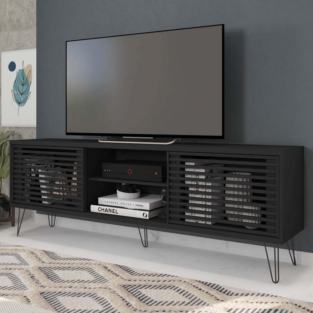 Better Home Products Frizz Mid-Century Modern TV Stand for up to 70 Inches TV in Black / Easy Assembly. Picture 6