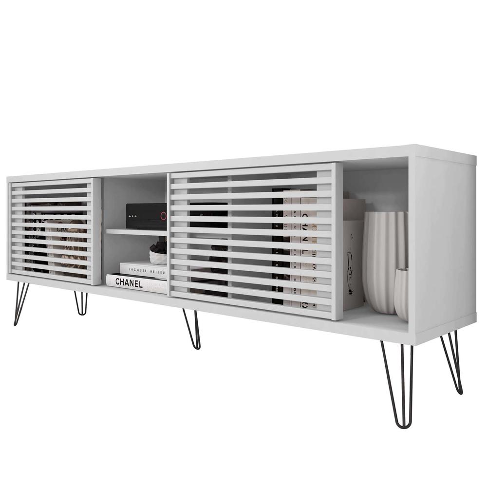 Better Home Products Frizz Mid-Century Modern TV Stand for up to 70 Inches TV in White / Easy Assembly. Picture 4