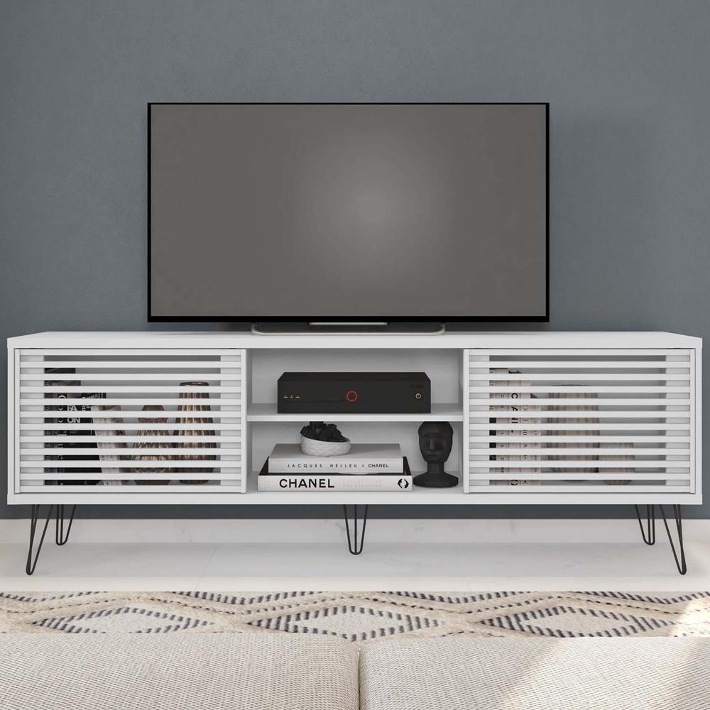 Better Home Products Frizz Mid-Century Modern TV Stand for up to 70 Inches TV in White / Easy Assembly. Picture 5
