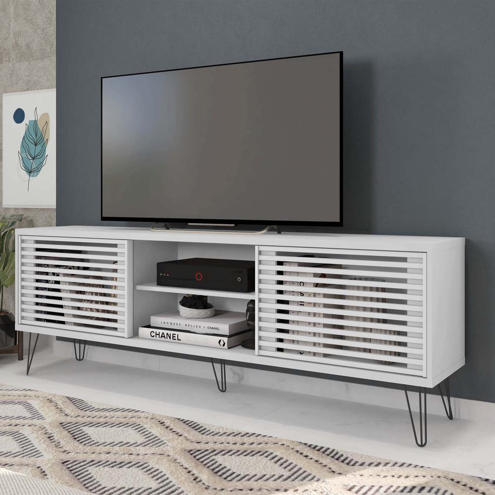 Better Home Products Frizz Mid-Century Modern TV Stand for up to 70 Inches TV in White / Easy Assembly. Picture 6