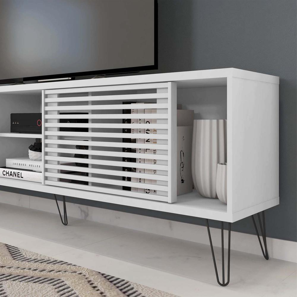 Better Home Products Frizz Mid-Century Modern TV Stand for up to 70 Inches TV in White / Easy Assembly. Picture 7