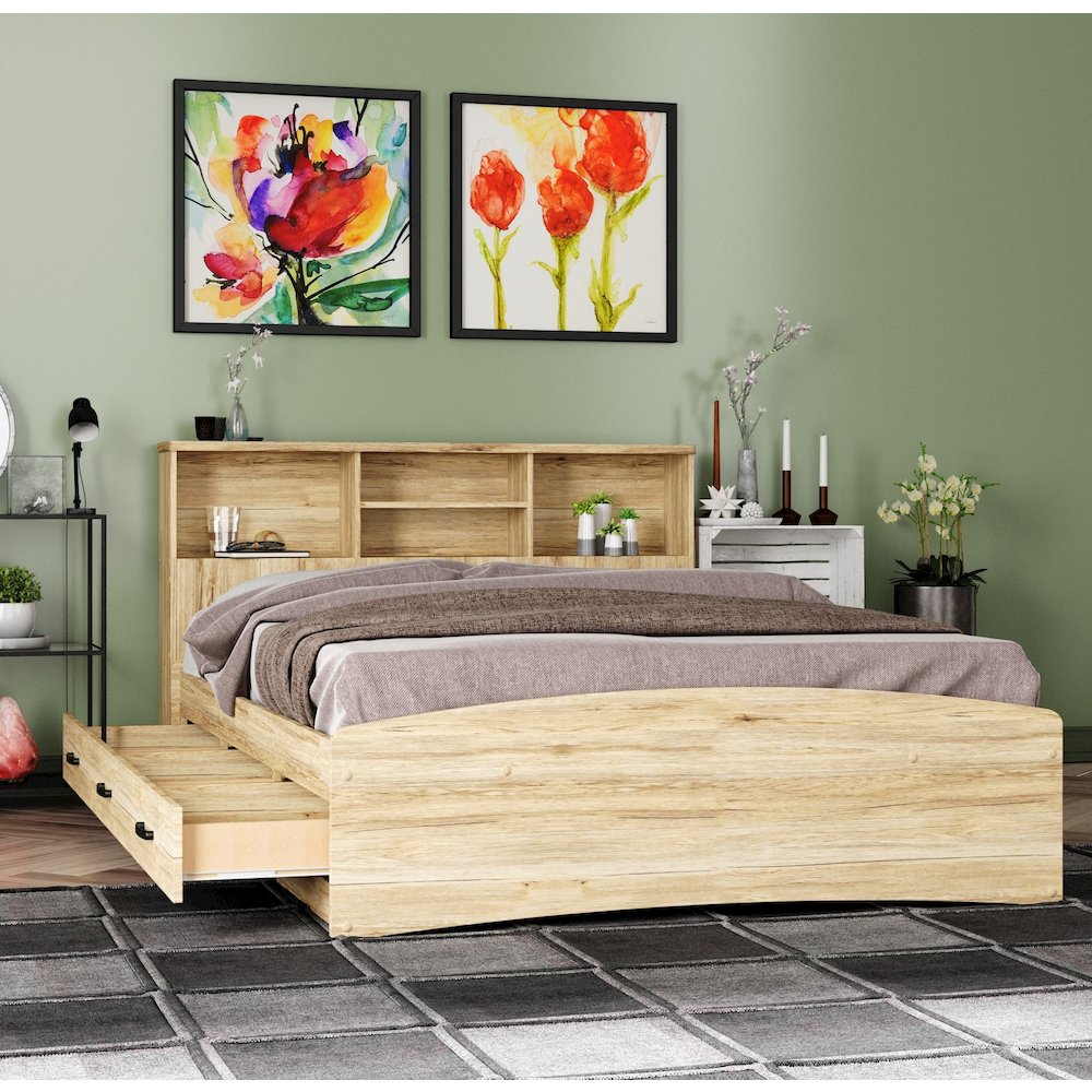 Captain Paltform Bed with 3 Drawers and Bookcase Headboard. Picture 2
