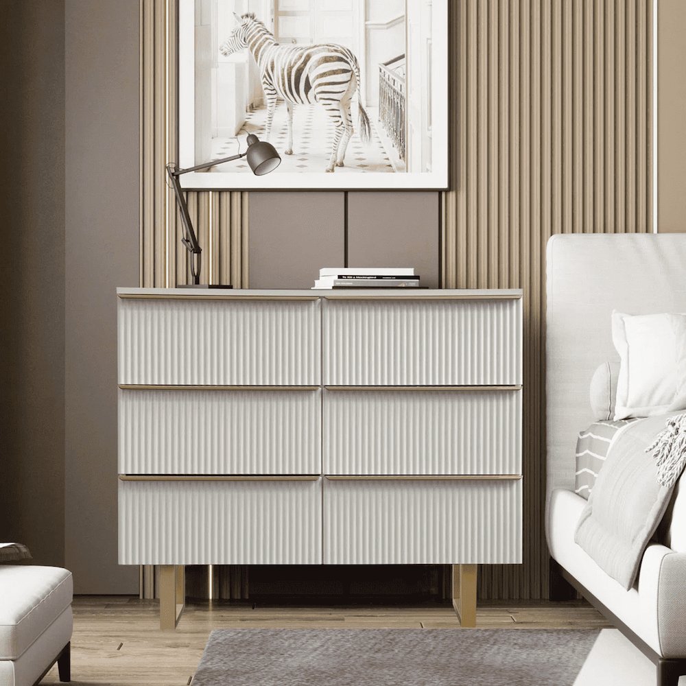 6-drawer Dresser In Mdf Wood With Gold Metal Legs And Handles in White Color. Picture 2