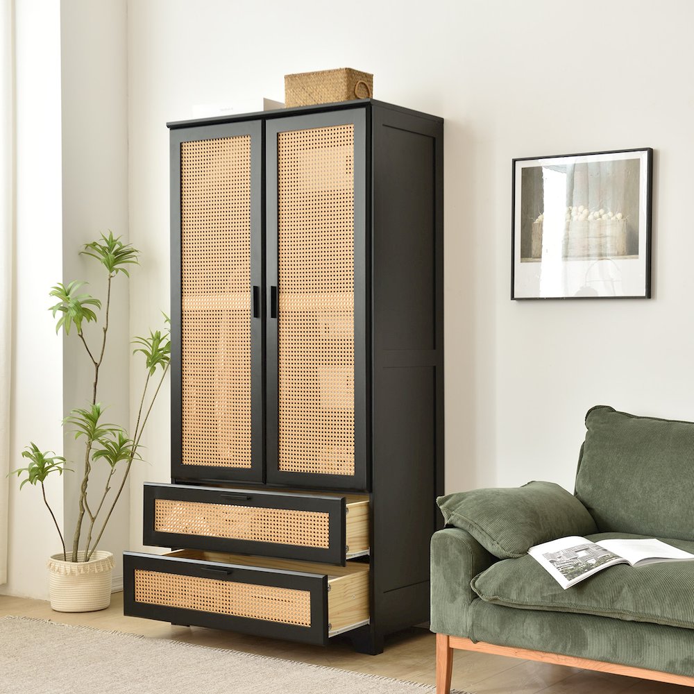 Pine Wood Closet with Rattan Doors and Two Drawers (Black). Picture 1