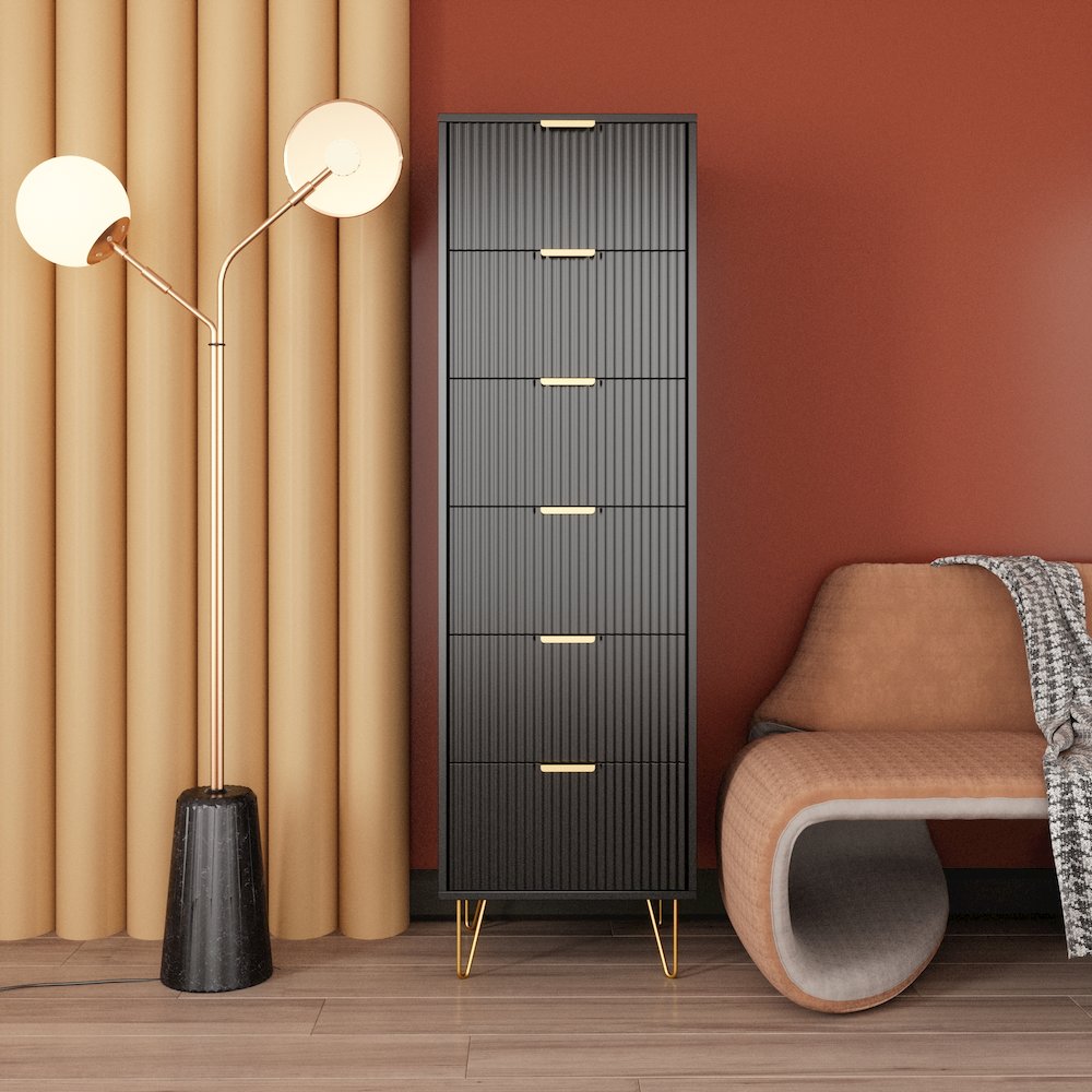 6-Drawer Lingerie Chest with Gold Metal Legs and Handles (Black). Picture 2