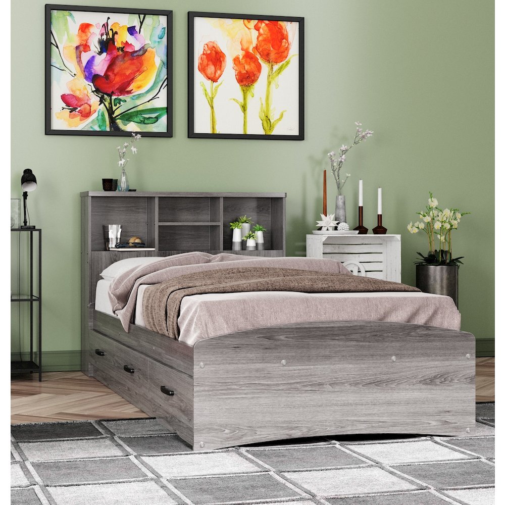 Captain Paltform Bed with 3 Drawers and Bookcase Headboard. Picture 2