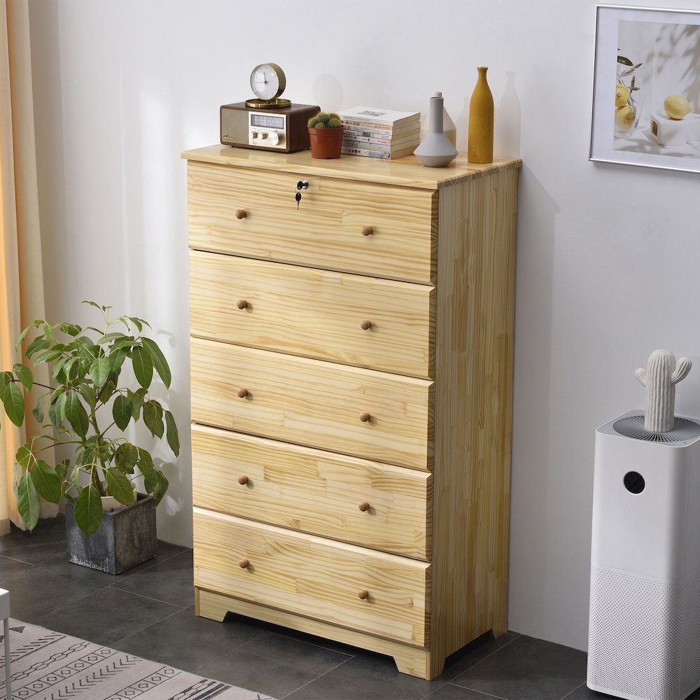 Solid Pine Wood 5 Drawer Chest Dresser (Natural). Picture 2