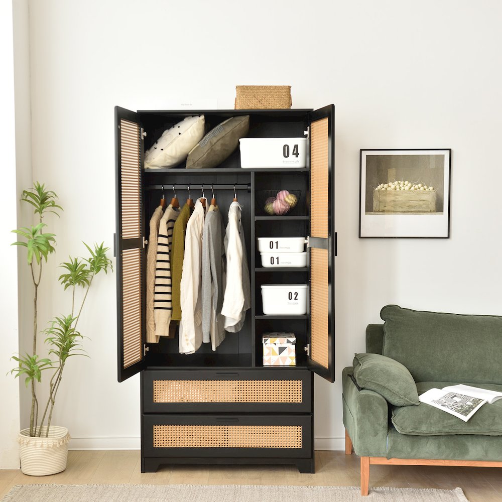 Pine Wood Closet with Rattan Doors and Two Drawers (Black). Picture 2