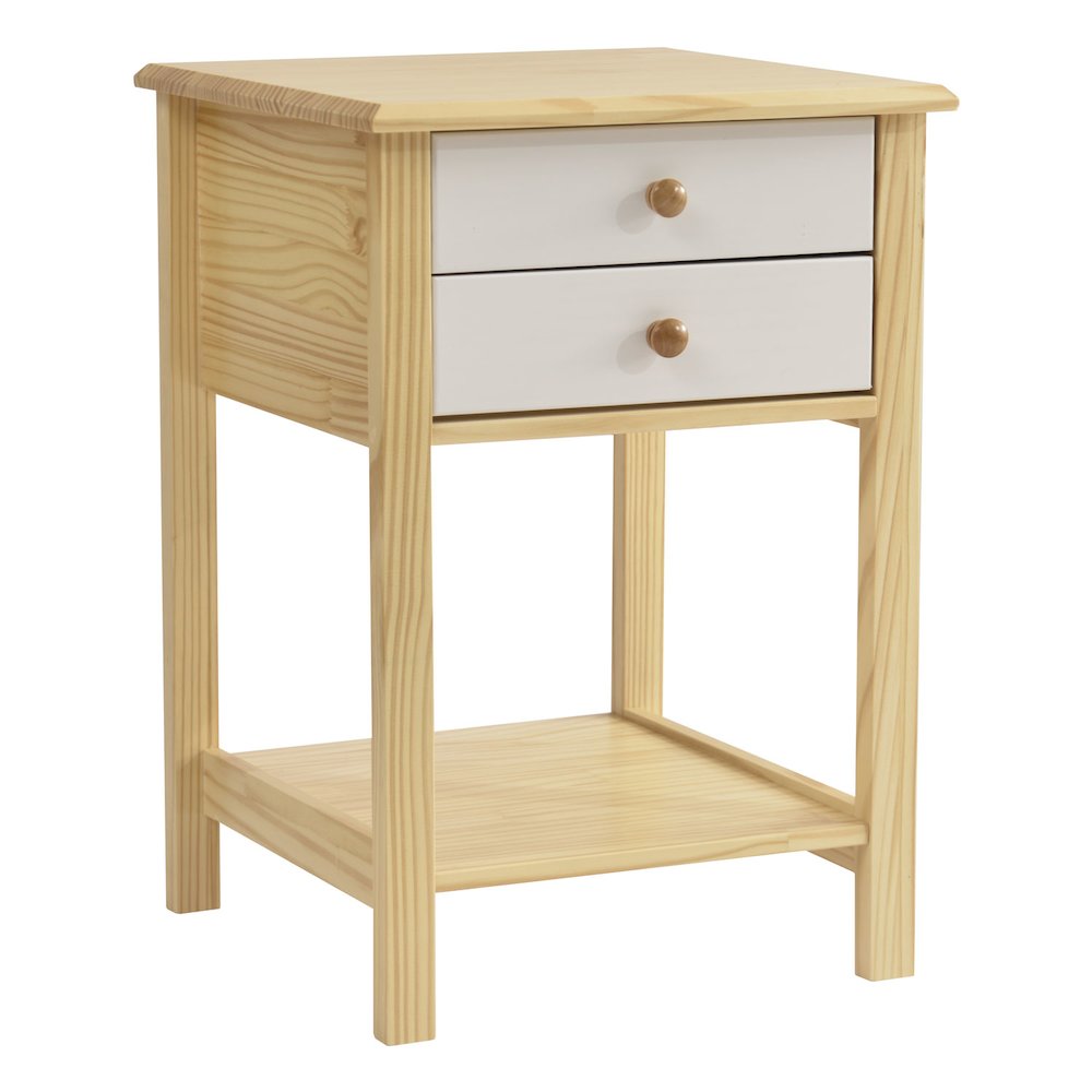 WPFurniture Solid Pine Wood 2 Drawer Nightstand in White & Natural. Picture 1