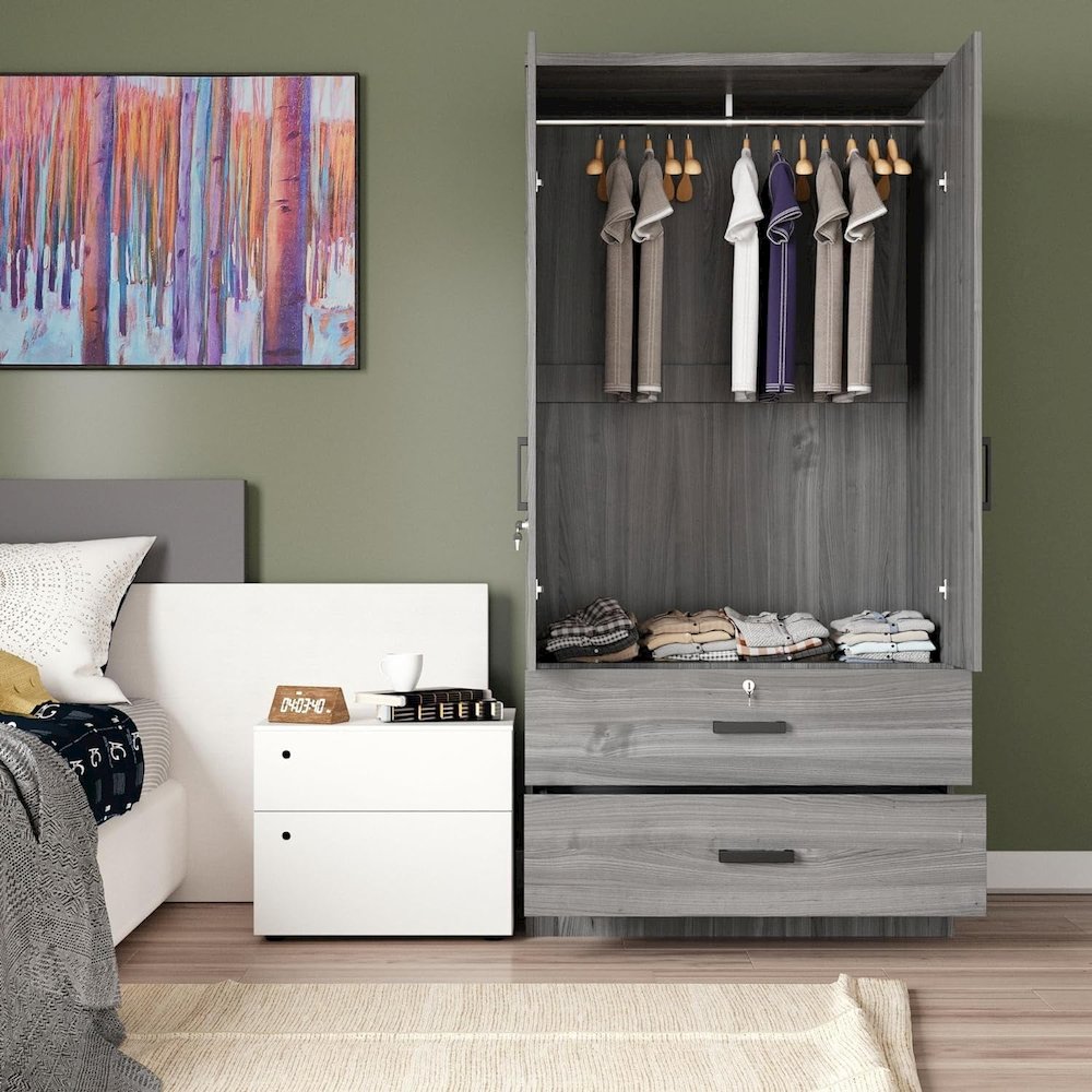 Mirrored 2 Door Wardrobe & 2 Drawers in Grey Color. Picture 2