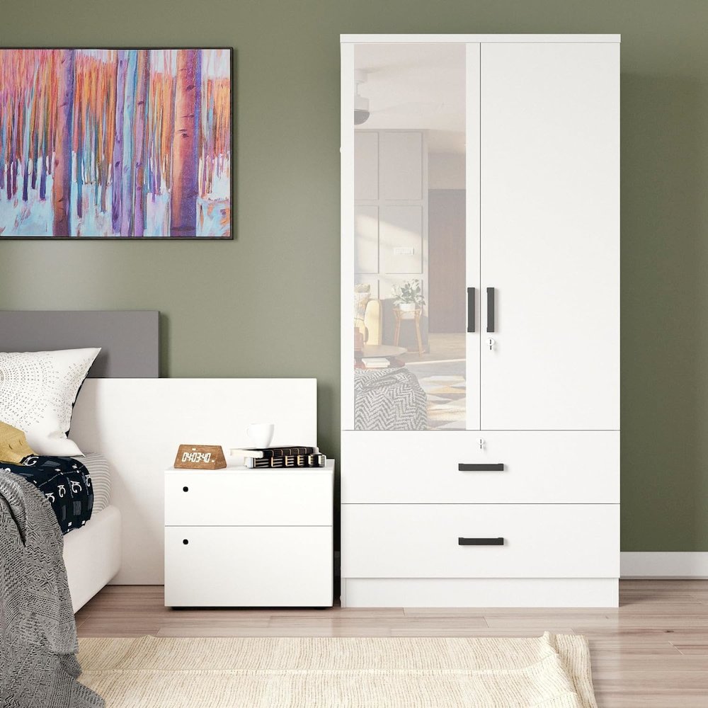 Woodpeckers Furniture And Mattress Wardrobe with Mirror & Drawers (White). Picture 2