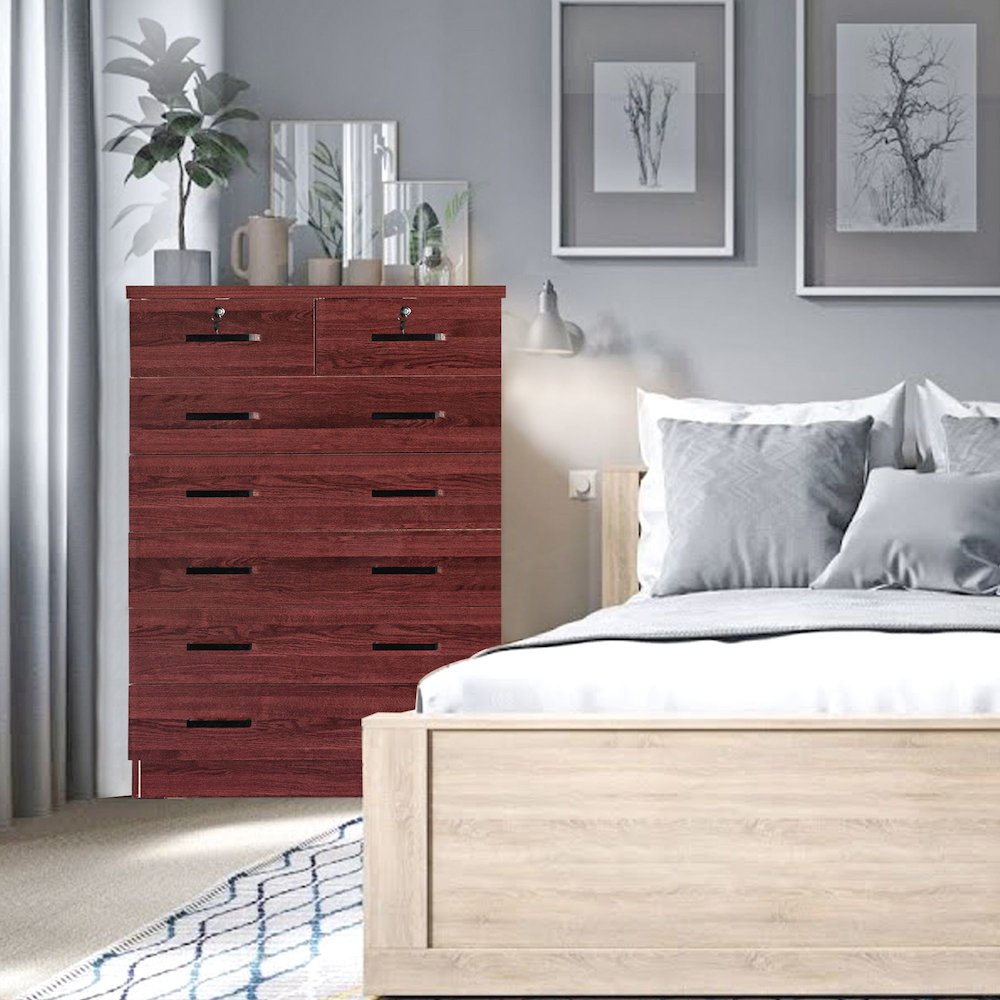 7 Drawer Chest Wooden Dresser with Lock (Mahogany). Picture 2