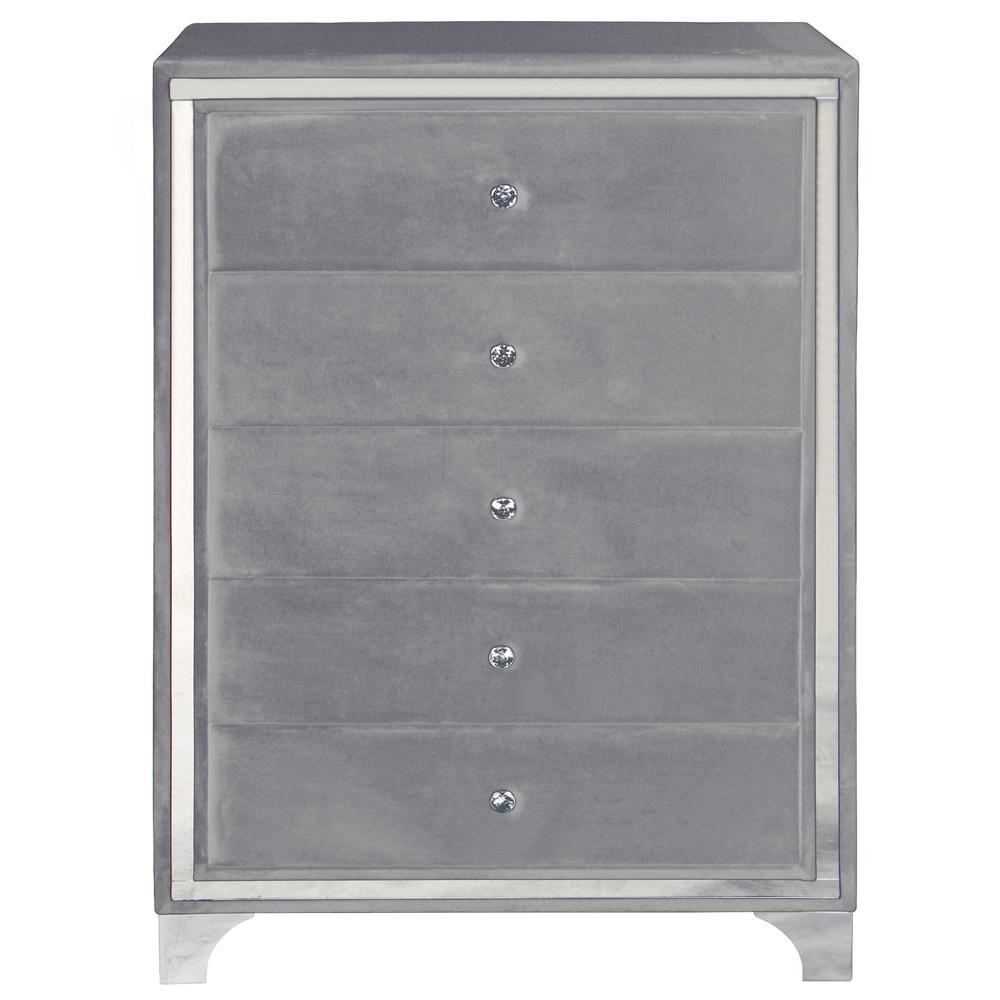 Better Home Products Monica Velvet Upholstered 5 Drawer Chest Dresser in Gray. Picture 2