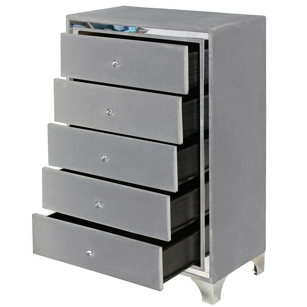 Better Home Products Monica Velvet Upholstered 5 Drawer Chest Dresser in Gray. Picture 3