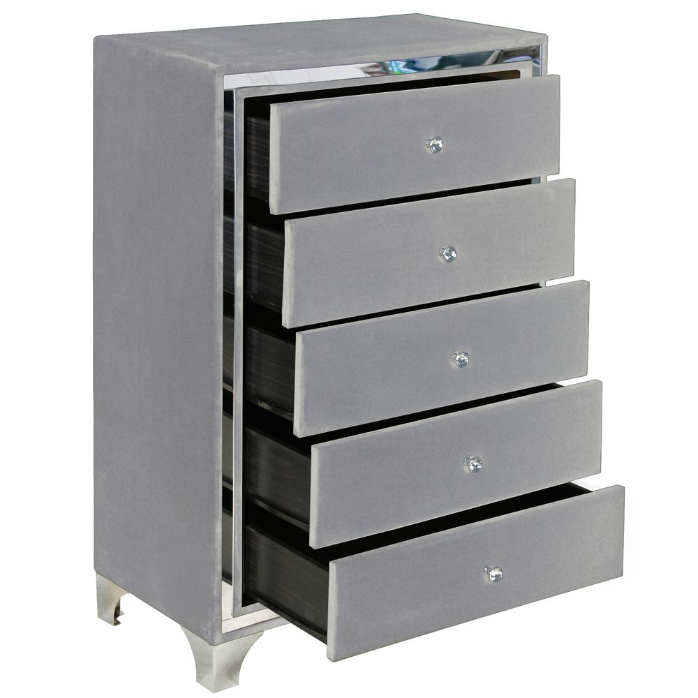 Better Home Products Monica Velvet Upholstered 5 Drawer Chest Dresser in Gray. Picture 5