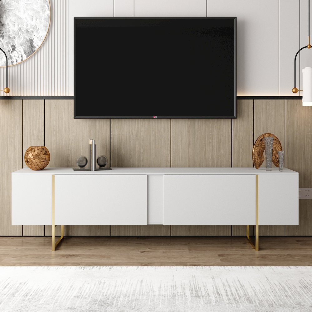 Tv Stand 71” with Gold Legs and Two Spacious Doors. Picture 2