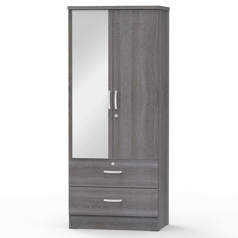 Better Home Products Grace Armoire Wardrobe with Mirror & Drawers in Gray. Picture 1