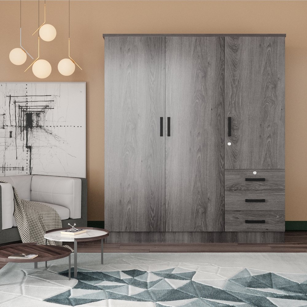 Violet Wardrobe Closet 3 Doors and 3 Drawers (Grey). Picture 2