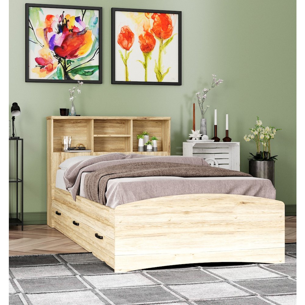 Captain Paltform Bed with 3 Drawers and Bookcase Headboard. Picture 2