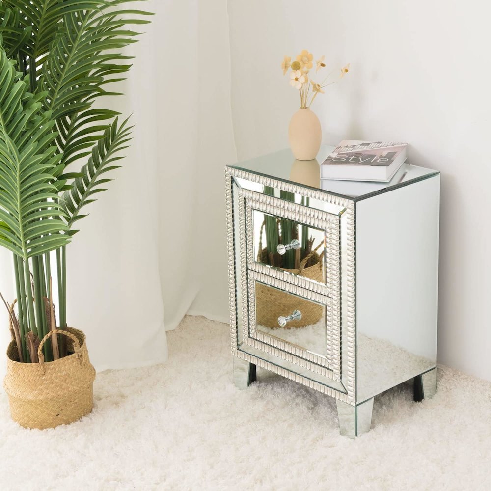 Mirrored Nightstand, 2 Drawers Mirrored Bedside Table End Table. Picture 2