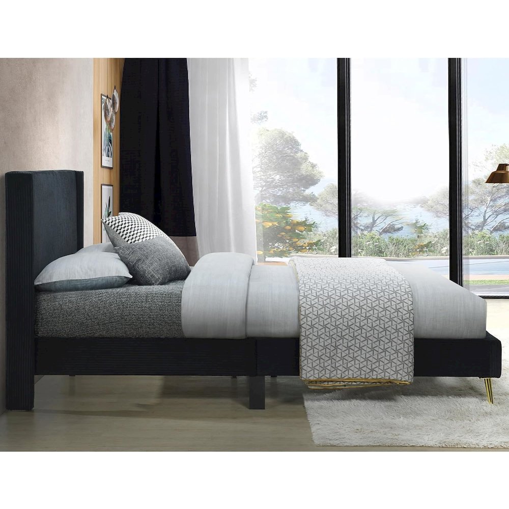 Corduroy Upholstered Wingback Bed with Gold Metal Legs. Picture 2