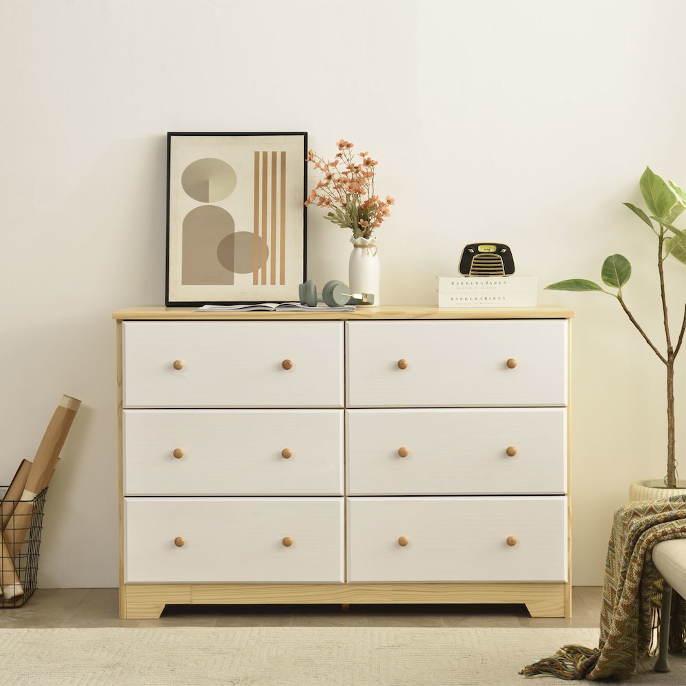 Solid Pine Wood 6 Drawer Double Dresser (Natural & White). Picture 2