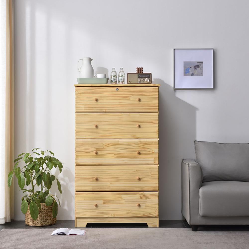 Better Home Products Isabela Solid Pine Wood 5 Drawer Chest Dresser in Natural. Picture 6