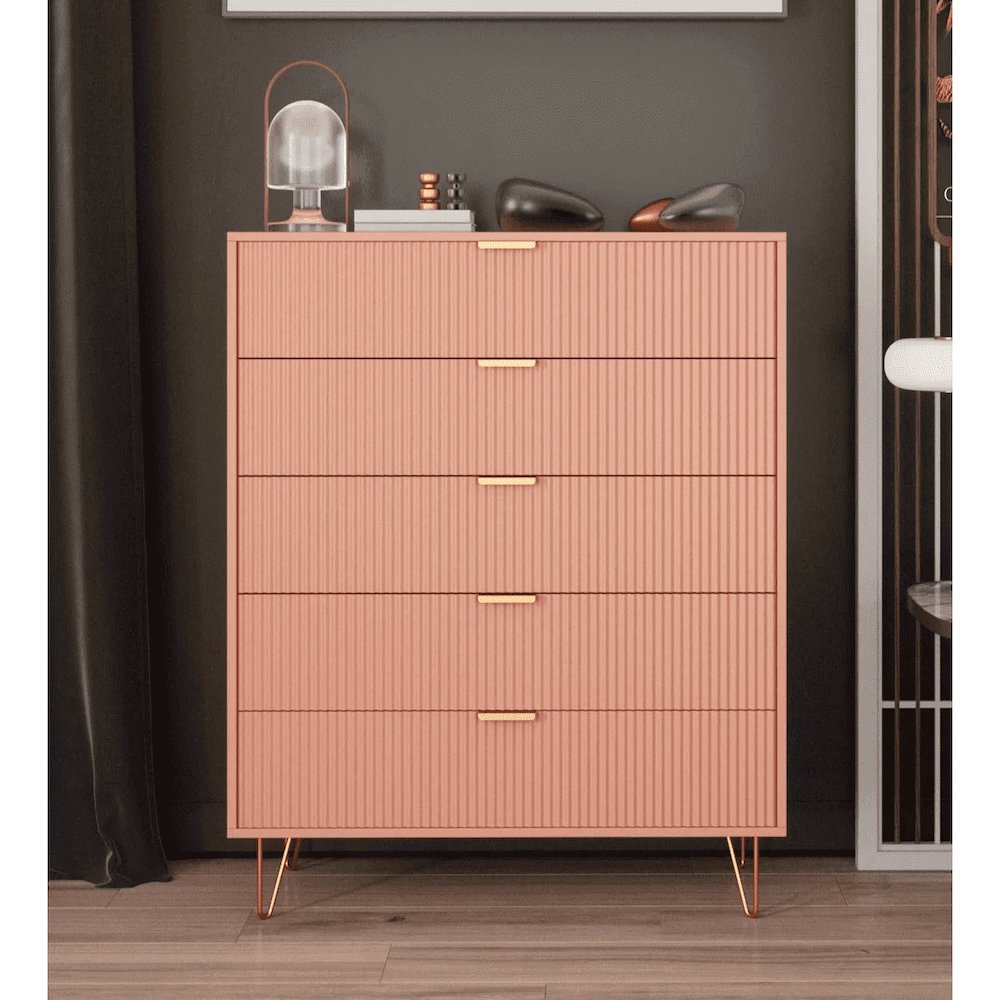 5-Drawer Chest in MDF Wood with Gold Metal Legs and Handles in Pink Color. Picture 1