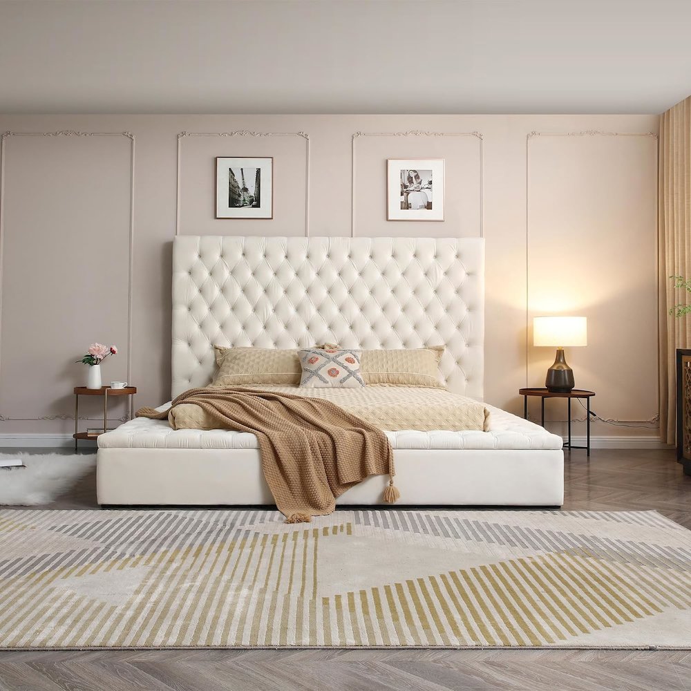 Cosmopolitan Velvet Tufted Upholstered Storage Platform with Headboard. Picture 2