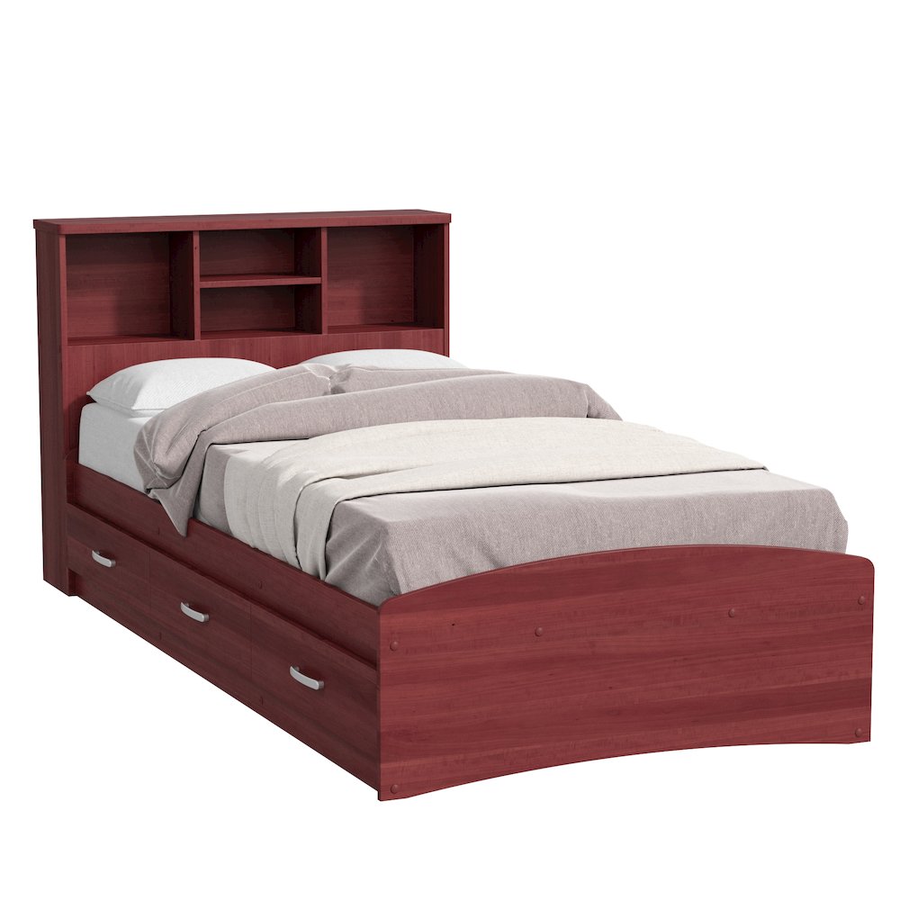 Bed with 3 Drawers and Bookcase Headboard (Mahogany, Twin). Picture 1