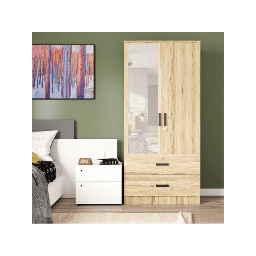 Mirrored 2 Door Wardrobe & 2 Drawers in Multi Color. Picture 1