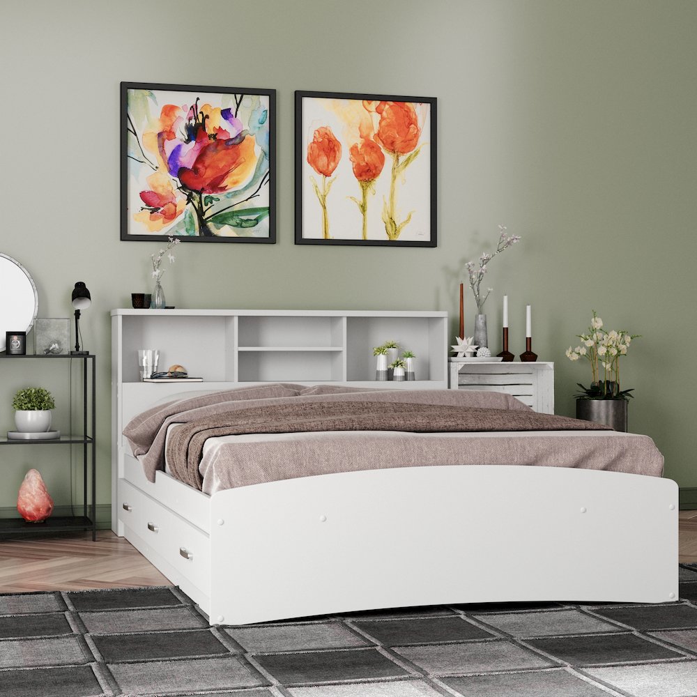 Bed with 3 Drawers and Bookcase Headboard (White, Queen). Picture 2