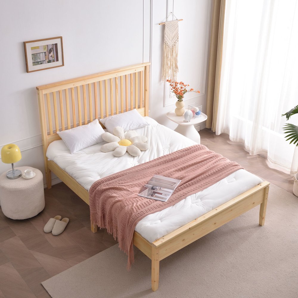 Solid Pine Wood Bed (Natural, Full). Picture 1