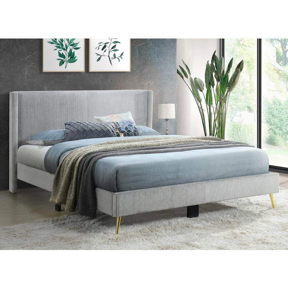 Corduroy Upholstered Wingback Bed with Gold Metal Legs. Picture 1