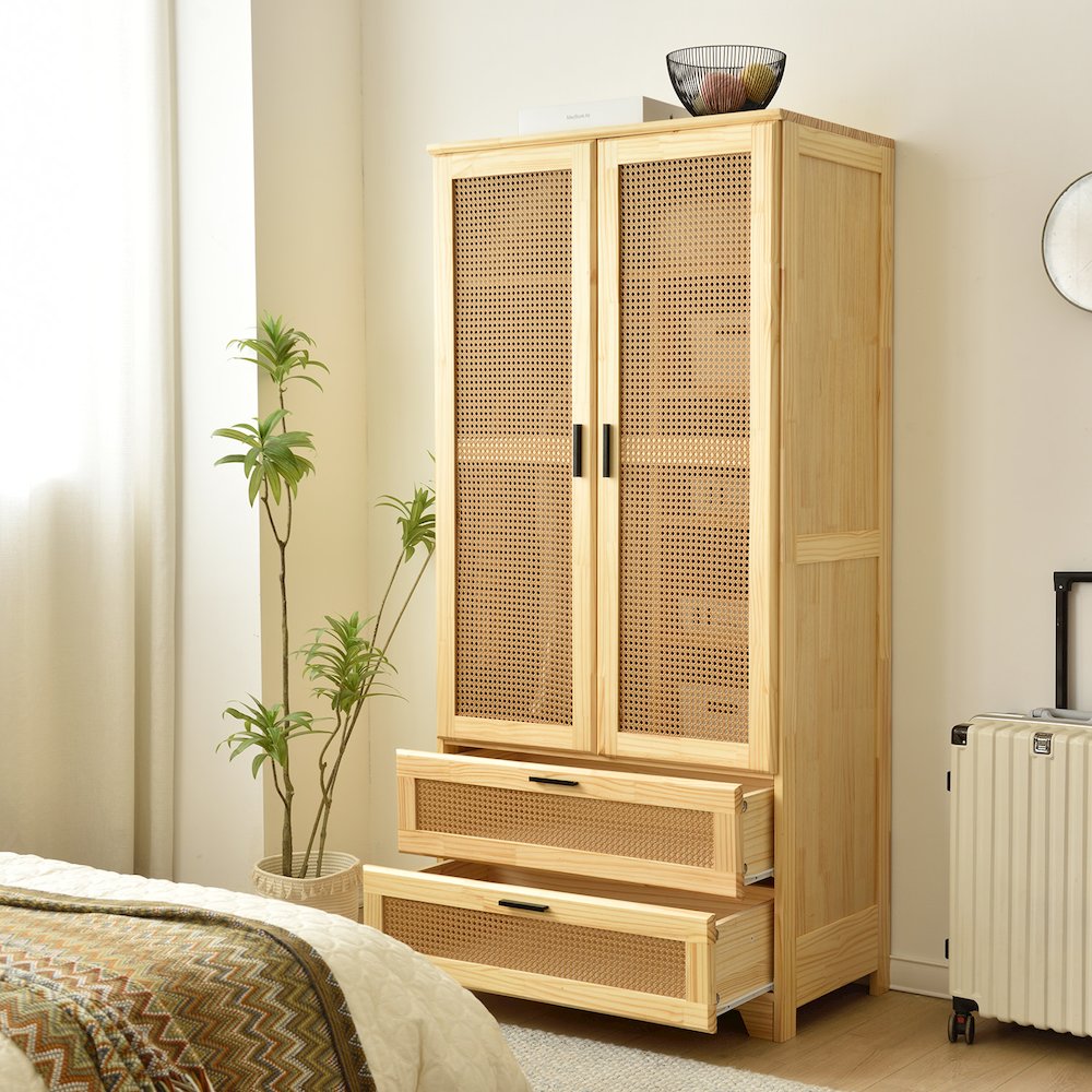 Pine Wood Closet with Rattan Doors and Two Drawers (Natural). Picture 1