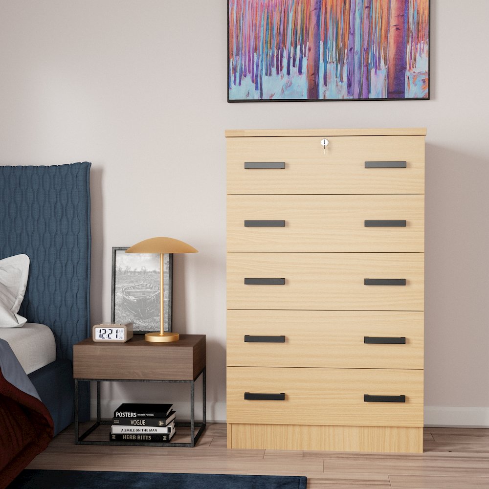Cindy 5 Drawer Chest Wooden Dresser with Lock (Beech). Picture 2