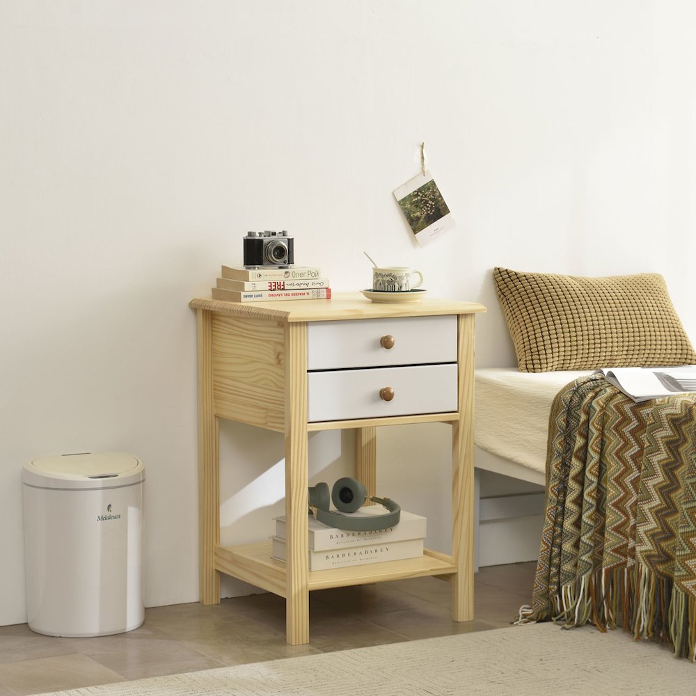 WPFurniture Solid Pine Wood 2 Drawer Nightstand in White & Natural. Picture 2