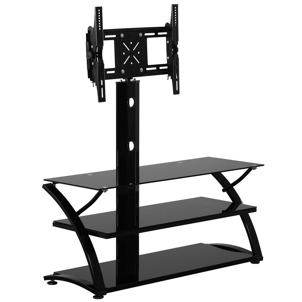 Better Home Products Rosa Swivel Mount Glass TV Stand for 60-inch TV in Black. Picture 1