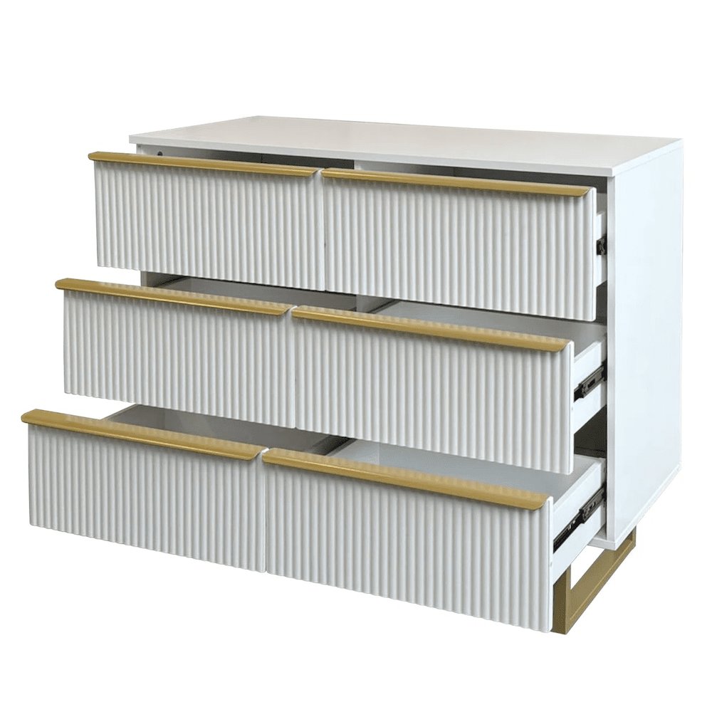 6-drawer Dresser In Mdf Wood With Gold Metal Legs And Handles in White Color. Picture 1